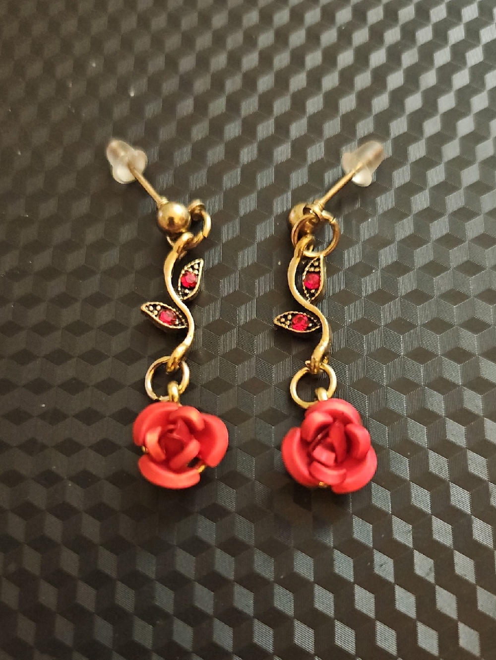 Gold-Tone Red Rose Drop Earrings